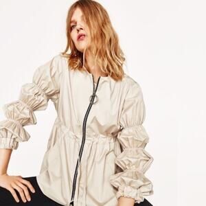 Zara Gathered Puff Sleeve Drawstring Full Zip Utility Jacket Sand Size Large